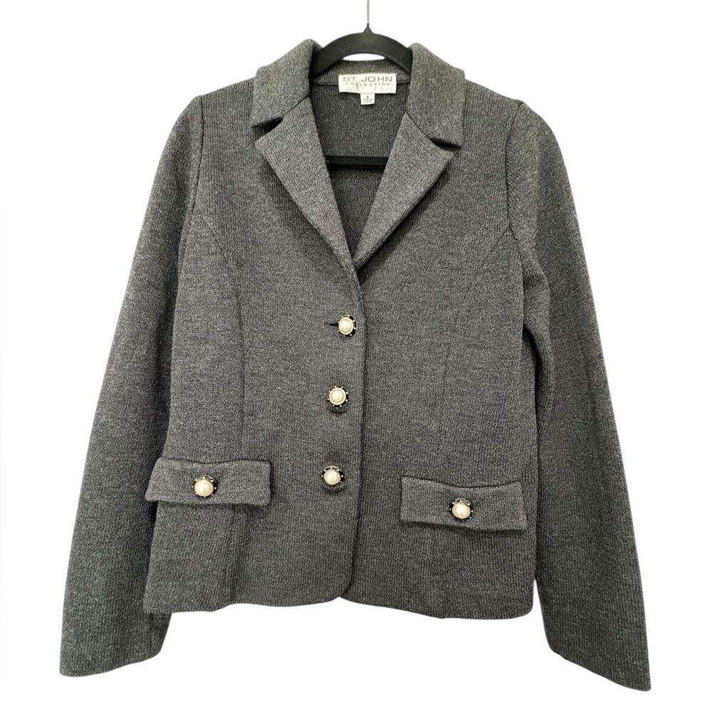 St. John Gray Knit Santana Blazer Jacket Women’s Size 6 Pearl Enamel Buttons USA - Picture 7 of 7